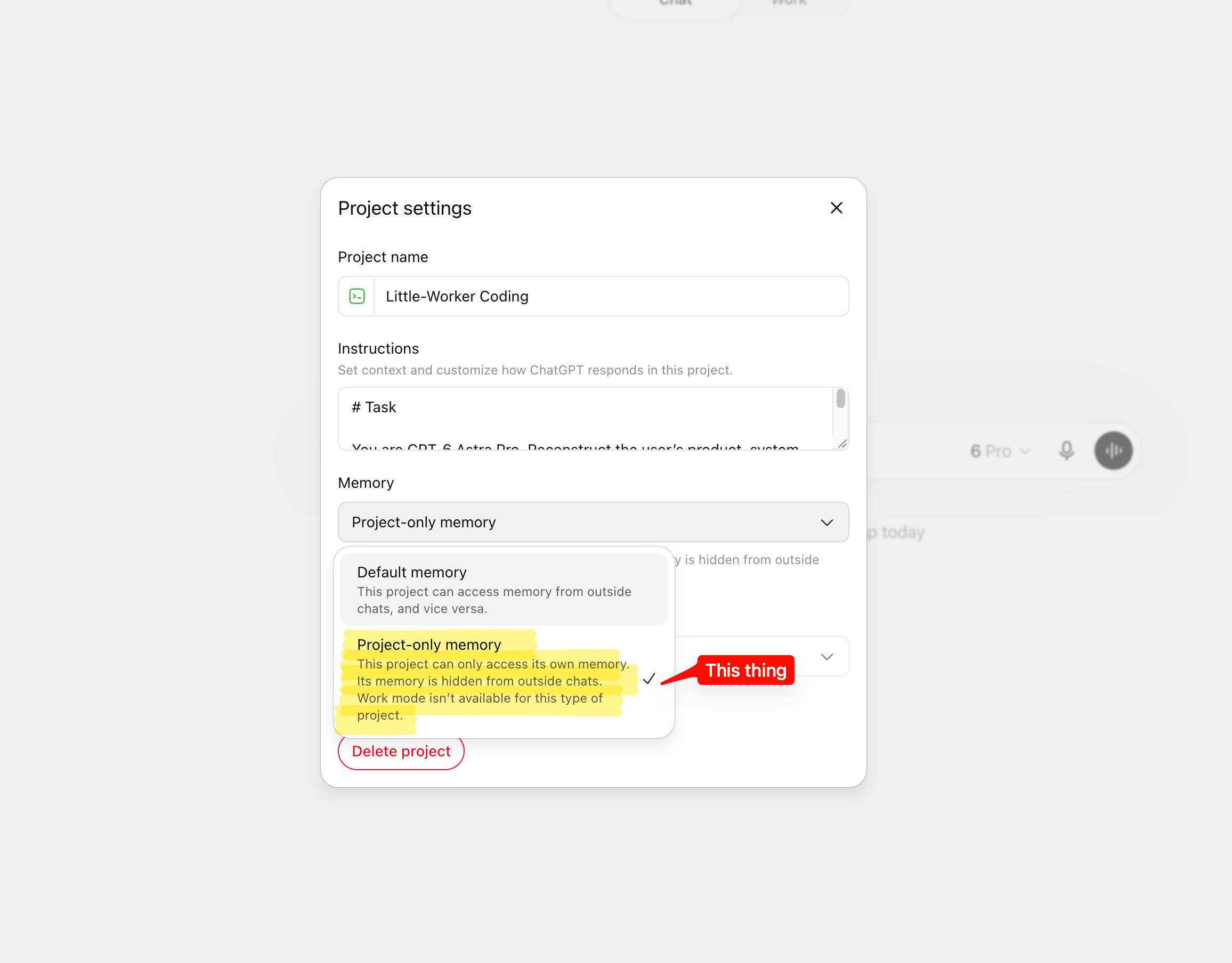 ChatGPT project settings showing instructions, project-only memory, and the 6 Pro background model